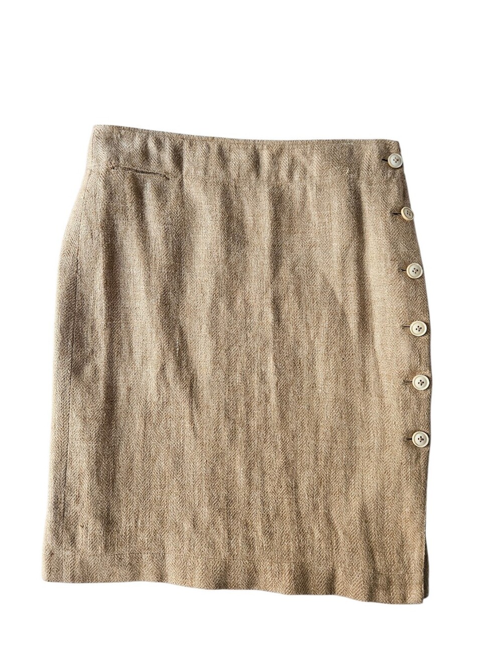 RALPH LAUREN 90s Blue Label Linen Blend Tan Herringbone Side Button Skirt | SZ 8